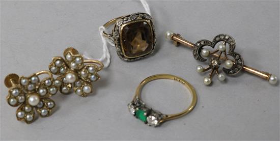 A jargoon and diamond dress ring, an emerald and diamond 18ct gold ring, a pair of split pearl and gold earrings and a brooch